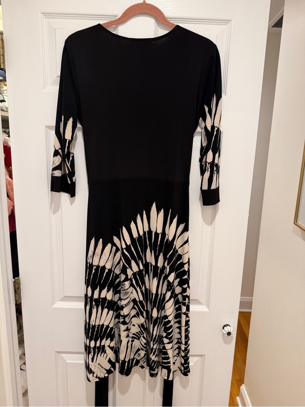 Morgan McFeeters Black and Cream Printed Long Sleeve Fit-and-Flare Dress